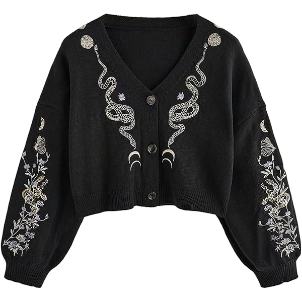 ZAFUL Women's Button Up Embroidered Cable Knit Cardigan V Neck